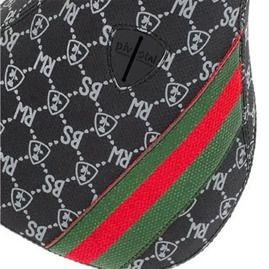 Close-up of the Subrosa Designer Mid Pivotal Seat (Matt Ray), featuring a black patterned cover with repeating "BSRW" and shield logos, red and green diagonal stripes, styled in the Matt Ray Signature design.