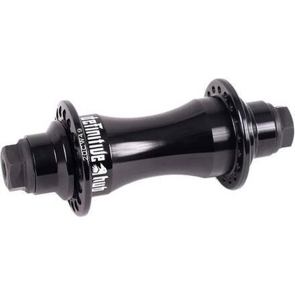 The Shadow Definitive Front Hub features a black finish, mounting holes, and hexagonal 14mm hollow female axle ends. “Definitive hub” is labeled on the side, and precision sealed bearings offer smooth performance against a white background.