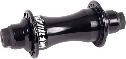 The Shadow Definitive Front Hub features a black finish, mounting holes, and hexagonal 14mm hollow female axle ends. “Definitive hub” is labeled on the side, and precision sealed bearings offer smooth performance against a white background.