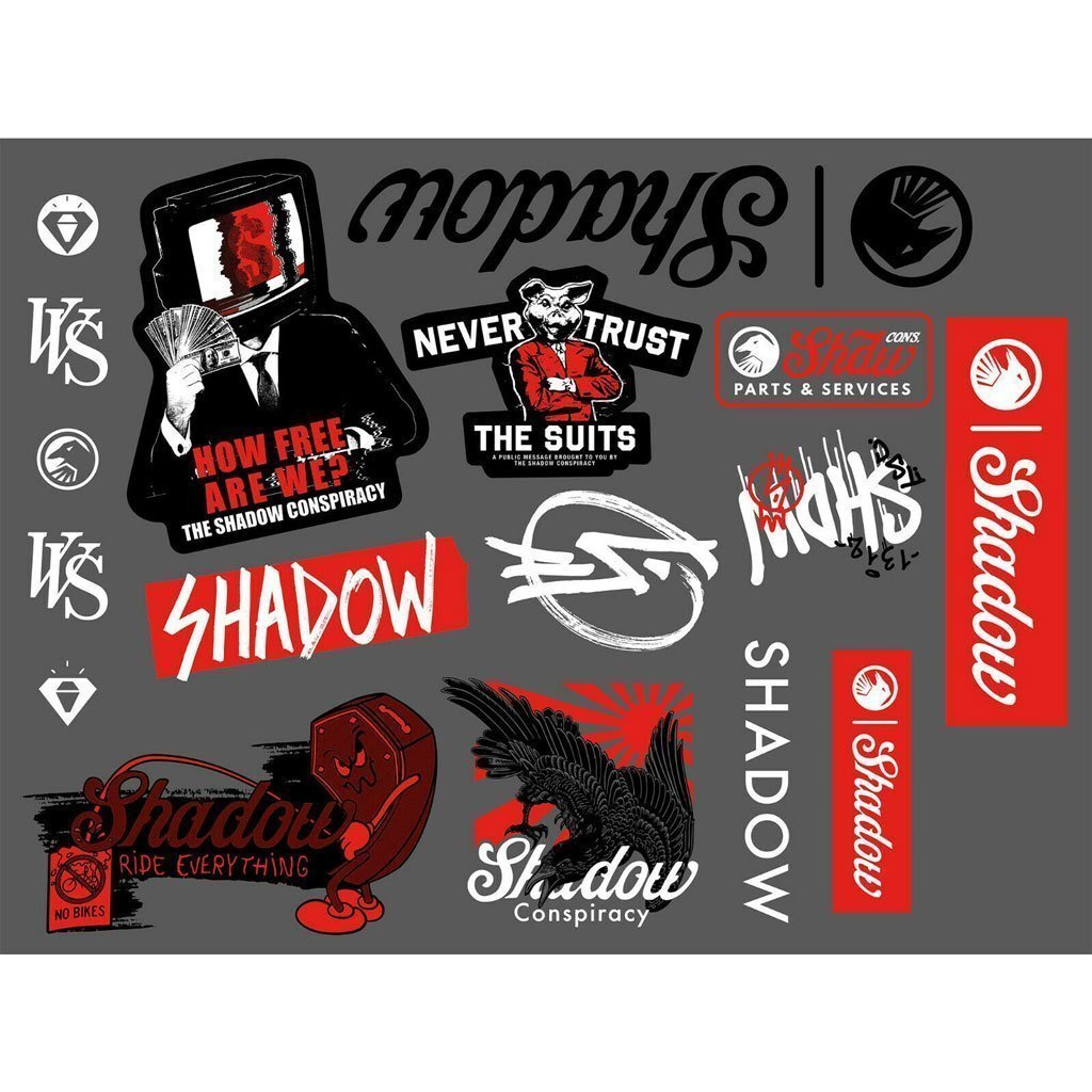 The "Shadow How Free We Are Sticker Pack" features various "Shadow" themed stickers with logos, text, and a suited figure with a TV for a head, promoting a rebellious and anti-establishment message.