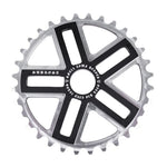 The Subrosa Hero Sprocket is a silver and black metal sprocket featuring five wide arms and engraved text around the center, making it a stylish accessory for your bike.