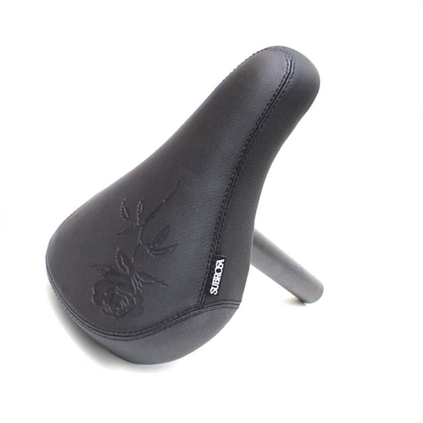 A black Subrosa Rose Mid Seat and Post Combo with a flower design on it.