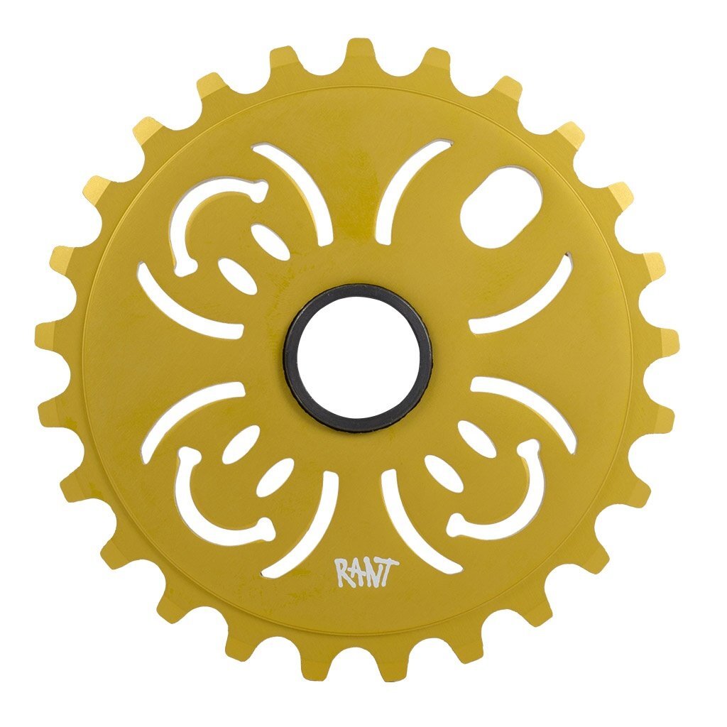 A yellow Rant H.A.B.D. sprocket on a white background, bringing smiles.