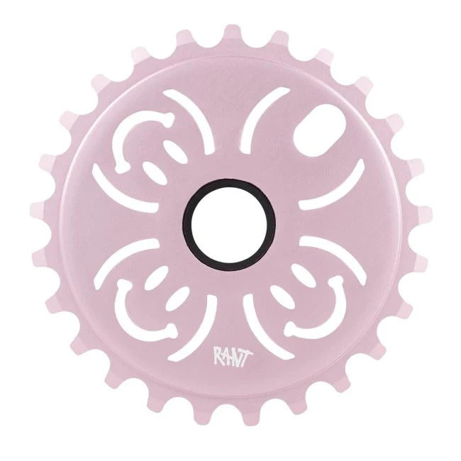 A pink Rant H.A.B.D. sprocket on a white background with a baby.
