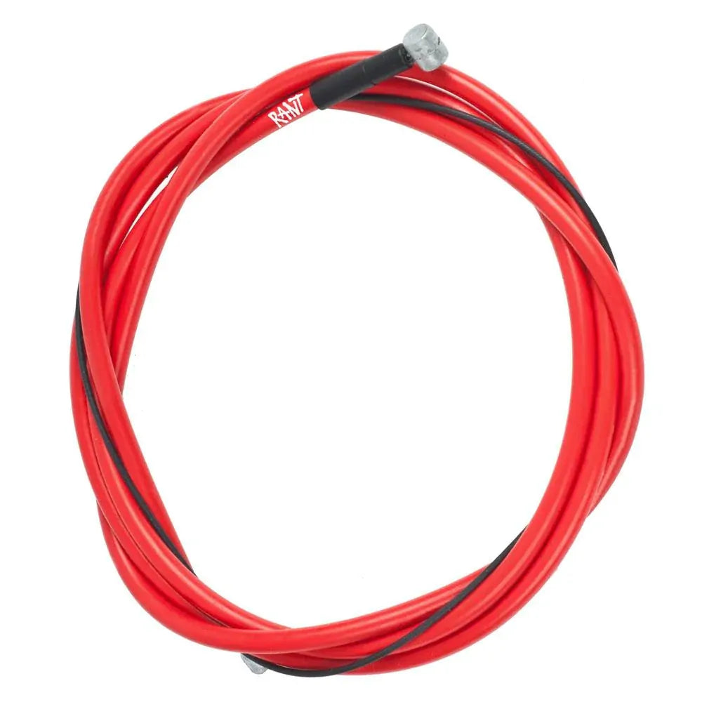 The Rant Spring Linear Brake Cable is a coiled red brake cable with metal ends and a Teflon coated inner wire, shown on a white background.