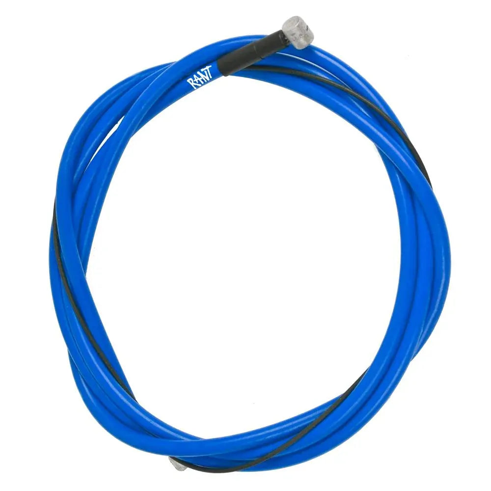 The Rant Spring Linear Brake Cable, featuring a coiled blue and black design with Teflon-coated inner wire and metal ends, is displayed on a white background.