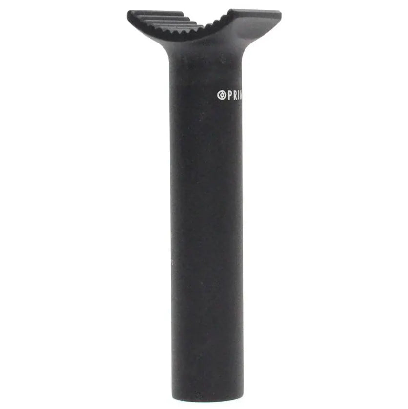The Primo Pivotal Seat Post, shown in black and measuring 320mm long, stands upright with its serrated clamp end visible against a plain white background.