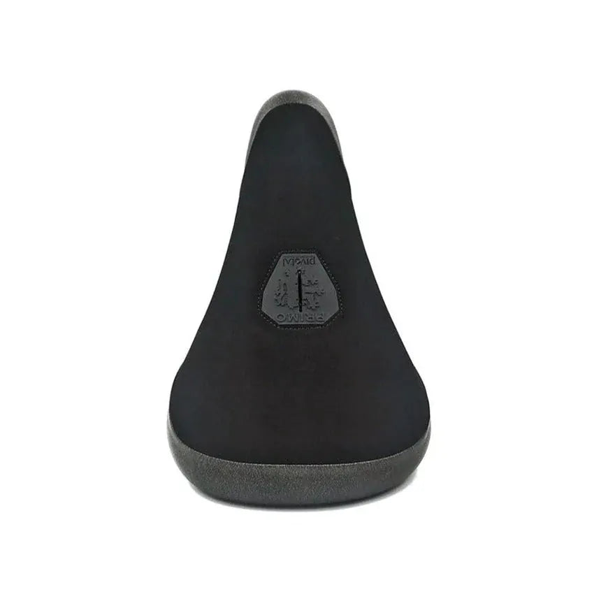 Primo Balance Pivotal Seat in black, featuring a hexagonal logo patch at the center, shown from above on a white background.