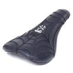Black bicycle saddle with a spiderweb stitching pattern and a Bone Deth Spider Pivotal Seat logo featuring a spider.