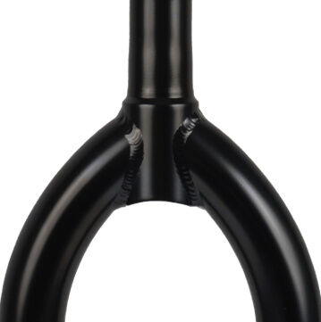 Close-up of Shadow Conspiracy 13 Forks, a black chromoly BMX fork showing detailed welds where the 13mm offset legs join the steerer tube.