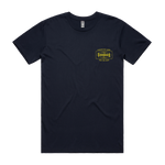 The Tempered Goods Crest T-Shirt features a plain black design with small yellow "Tenhundred" text and a rectangular graphic on the left chest—a tribute to Aussie legends, ideal for Tempered BMX fans.