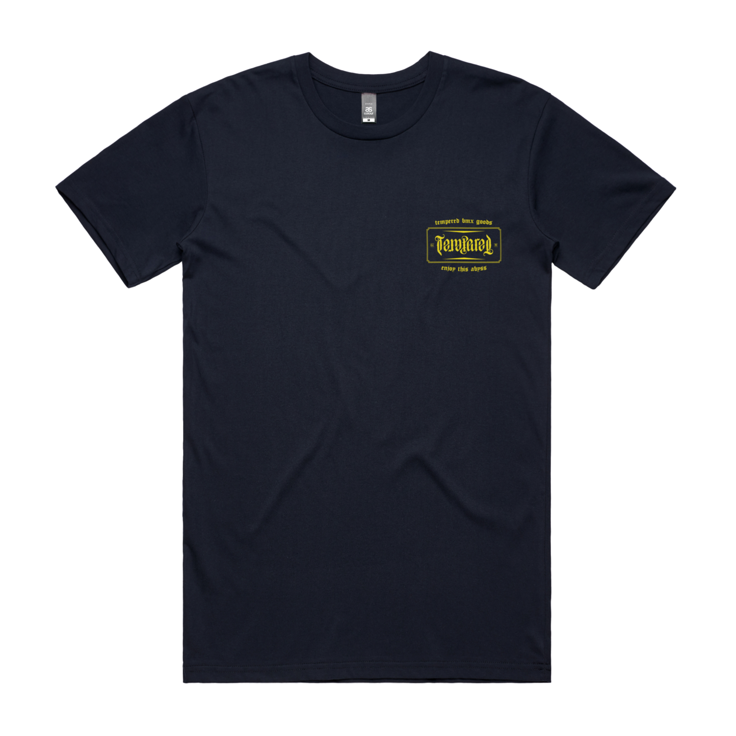 The Tempered Goods Crest T-Shirt features a plain black design with small yellow "Tenhundred" text and a rectangular graphic on the left chest—a tribute to Aussie legends, ideal for Tempered BMX fans.