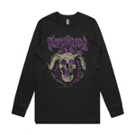 The Tempered Goods Goat Mike Vockenson Long Sleeve T-Shirt features a black base, ram skull graphic with purple accents, and "TAIMANE" in stylized lettering—an epic piece from Micko’s signature LS collection.