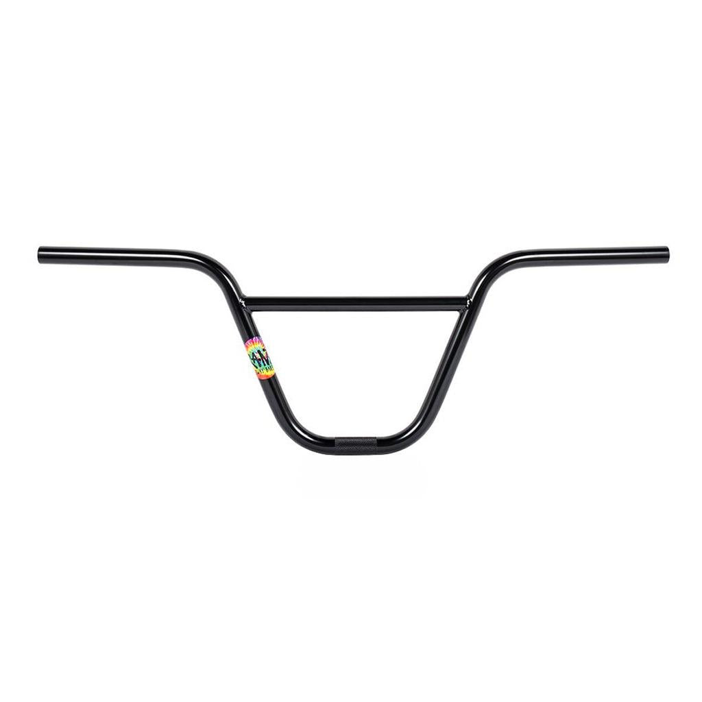 The Rant Sway BMX handlebar in black features a colorful sticker on the left side, offering a 29" width and a subtle back sweep for enhanced control.
