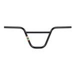 The Rant Sway BMX handlebar in black features a colorful sticker on the left side, offering a 29" width and a subtle back sweep for enhanced control.