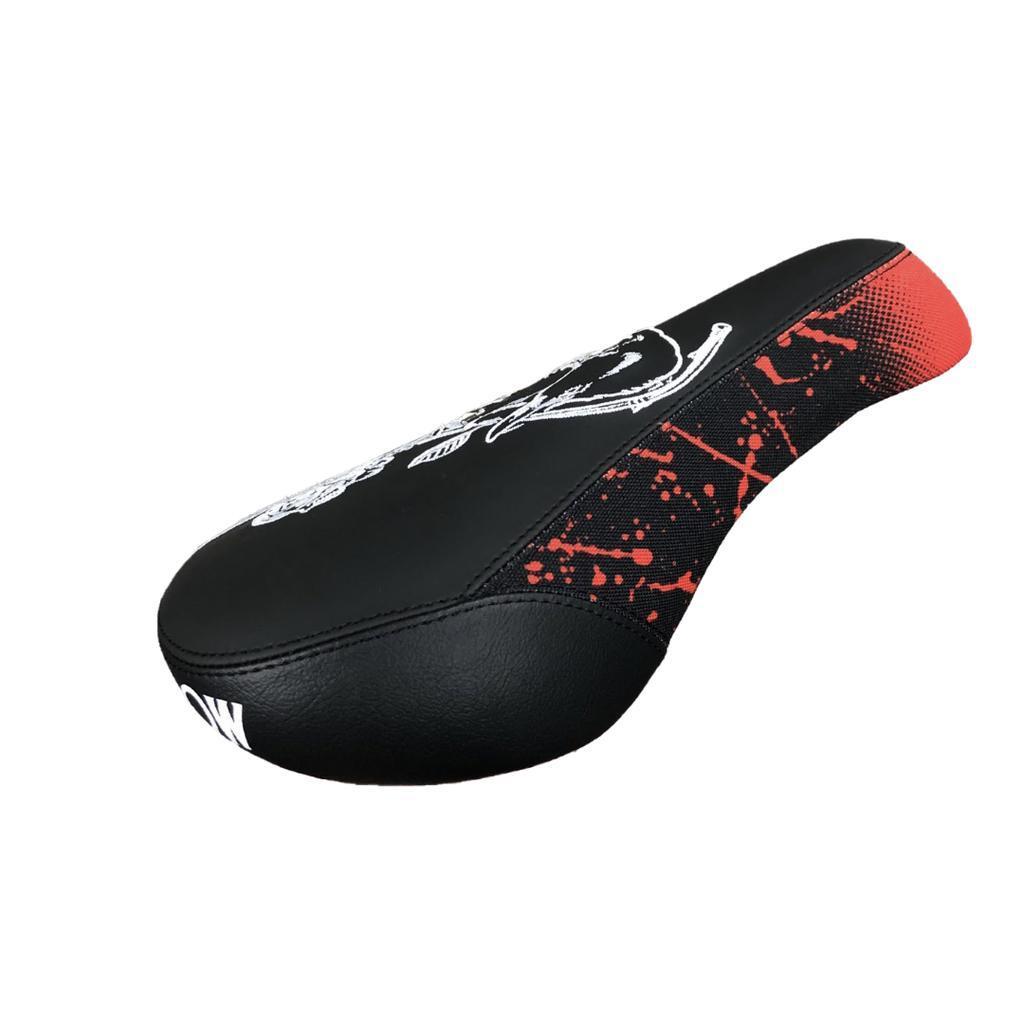 The Subrosa x Shadow Rose Crow Pivotal Seat is a black and red BMX seat with a white graphic design and stitched edges, shown against a white background.
