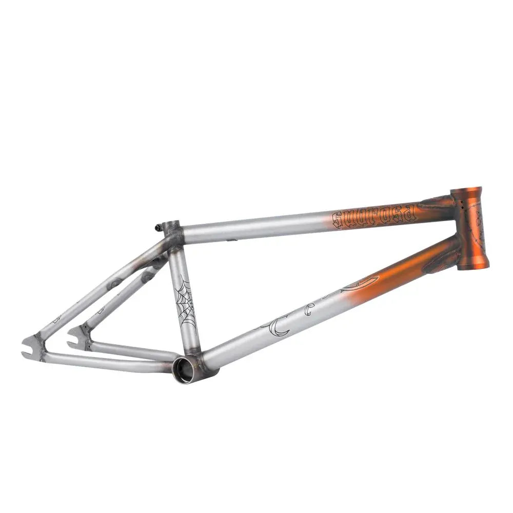 The Subrosa Rose Frame BMX bike frame features a silver and orange gradient finish, 4130 chromoly construction, engraved details, and a minimalist design, displayed against a white background.