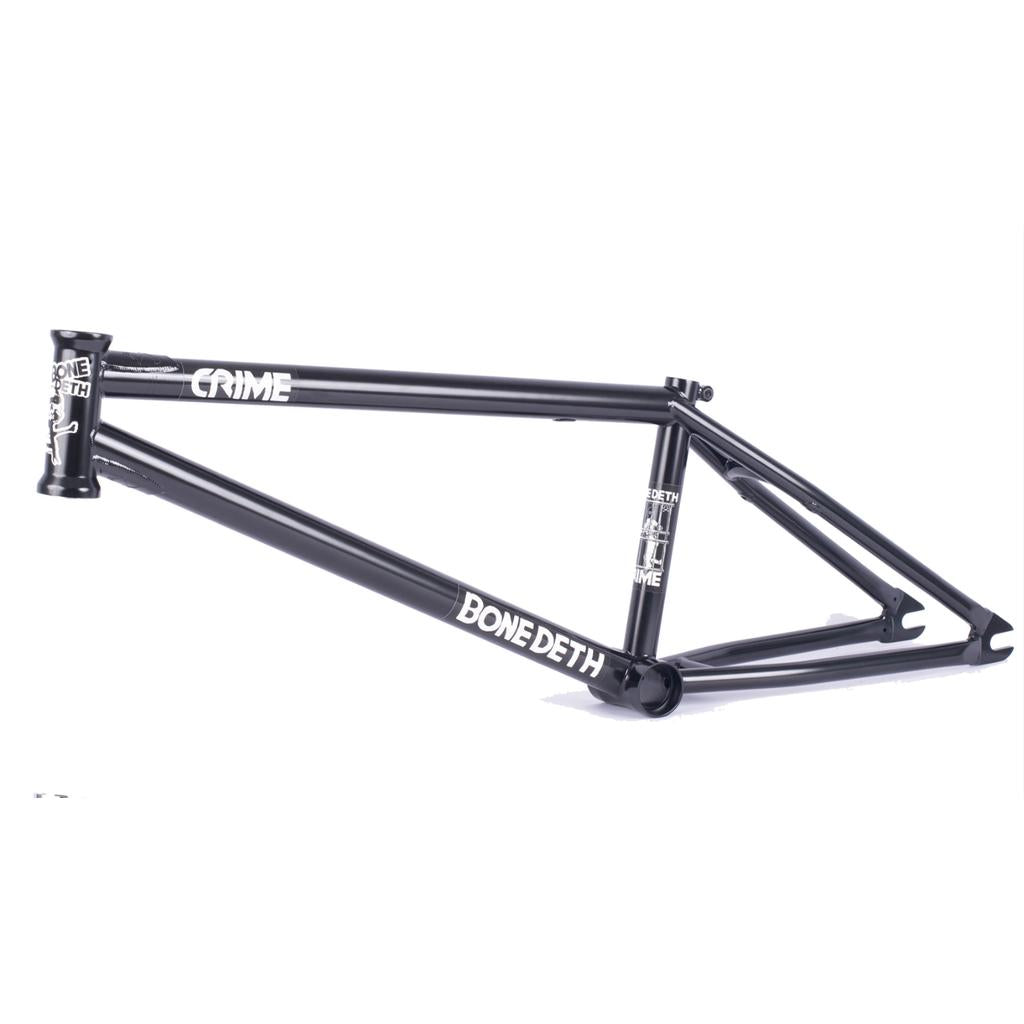 The Bone Deth Crime Frame, in black with "Crime" in white lettering, features an edgy aesthetic from the coolest brand in BMX.