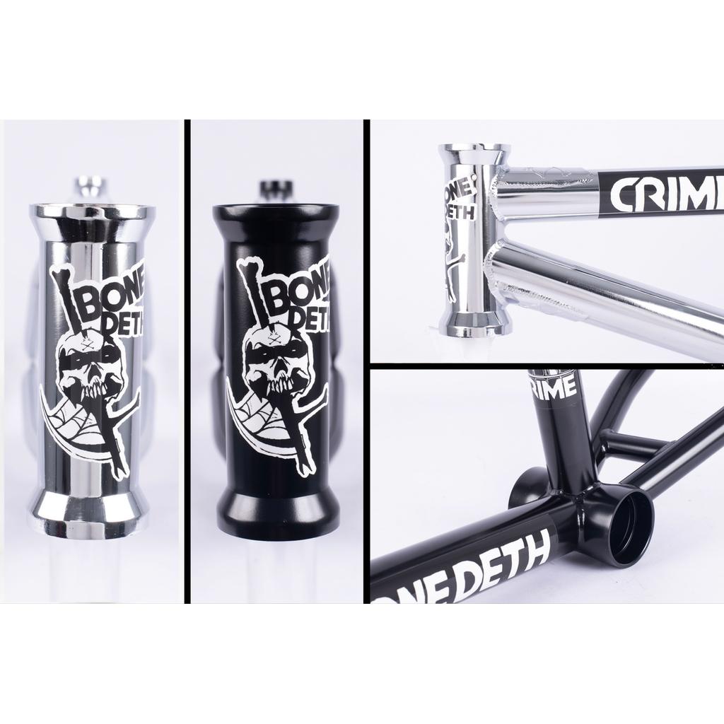 These four images showcase Bone Deth BMX bike frames: two with Bone Deth logos on sleek silver and black frames, another with "Crime" text on a chrome frame, and one featuring "Bone Deth" prominently on a black bottom bracket.