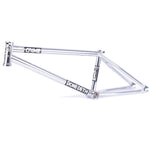 The Bone Deth Crime Frame is a silver BMX bike frame adorned with "Bone Deth" and "Crime" logos on the tubing, presenting one of the coolest brands, with its chrome finish gleaming against a pristine white background.