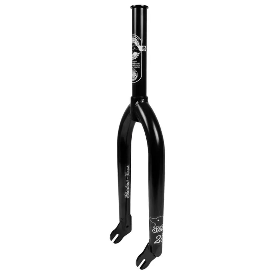The Shadow Finest Forks are black 4130 chromoly BMX forks with white graphics on the legs and steerer tube, featuring RigiDrop dropouts for enhanced durability.
