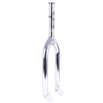 The Shadow Finest Forks are chrome-finished BMX forks crafted from durable 4130 chromoly, featuring straight blades, an integrated steerer tube, and a RigiDrop dropout for secure front wheel attachment.