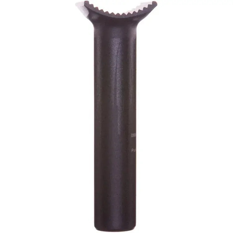 The Shadow 135mm Pivotal Seat Post, made from 6061 forged alloy with a black cylindrical design and notched top edge for saddle attachment, is shown against a white background.