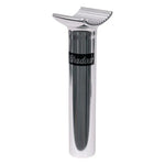 The Shadow 135mm Pivotal Seat Post is silver with a ridged clamp top, features “Shadow” on a black band, and is made from durable 6061 forged alloy for lasting performance.