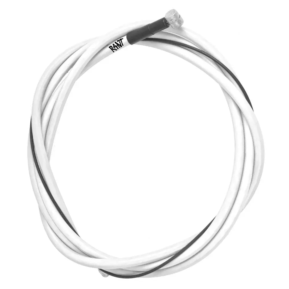 The Rant Spring Linear Brake Cable is coiled, white, with a Teflon-coated inner wire, a black section near one end, and features "RANT" branding.