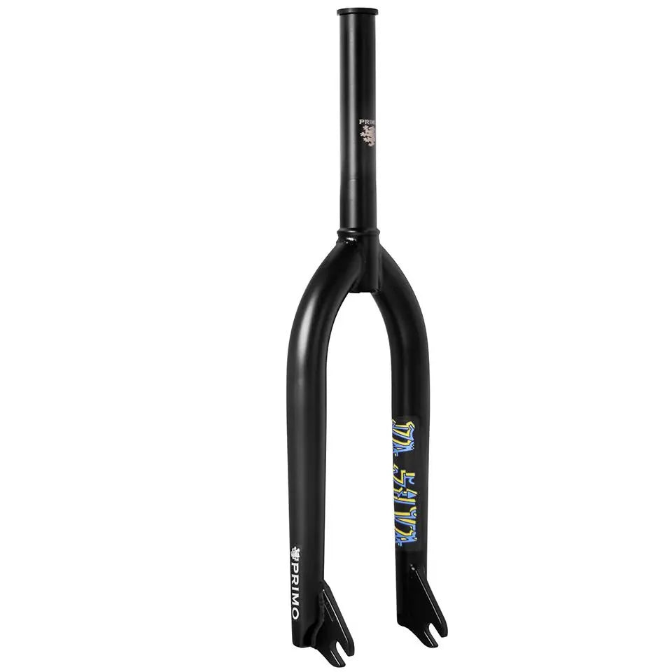 The Primo Da Silva Forks are black BMX forks made from 4130 chromoly, featuring straight legs, open dropouts, and “PRIMO” branding on the leg. A “SHERMAN” sticker is also visible on the side.
