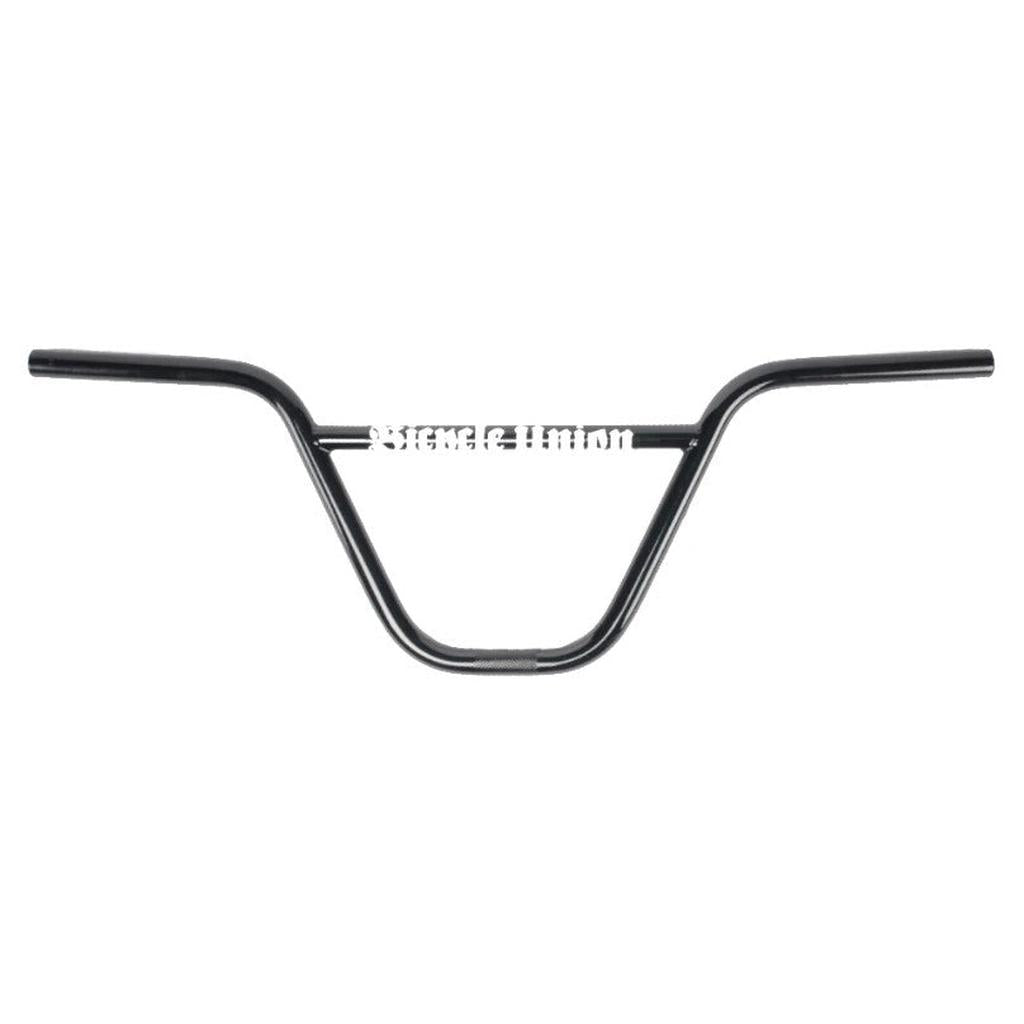 The Bicycle Union Motorcade Bars are black BMX handlebars with a crossbar, shown from the front, featuring “Bicycle Union” text across the center and showcasing their iconic 2-piece design.