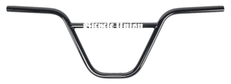 The Bicycle Union Motorcade Bars are black BMX handlebars with a crossbar, shown from the front, featuring “Bicycle Union” text across the center and showcasing their iconic 2-piece design.