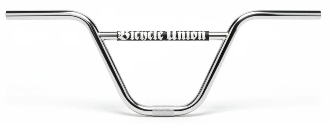 The Bicycle Union Motorcade Bars feature a strong 2-piece chrome construction with a central crossbar and display the “Bicycle Union” logo in bold, gothic lettering. These handlebars are showcased on a clean white background.