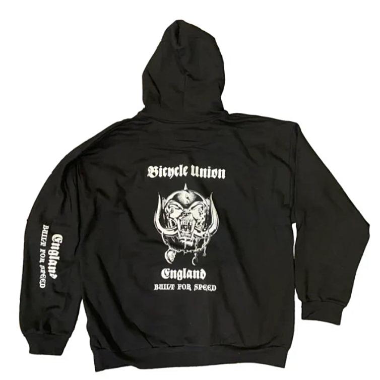 The Bicycle Union Built For Speed Hooded Sweat features "England Built for Speed" text and a skull-with-tusks graphic on the back, with matching text on the left sleeve—a warm hoodie perfect for chilly rides.