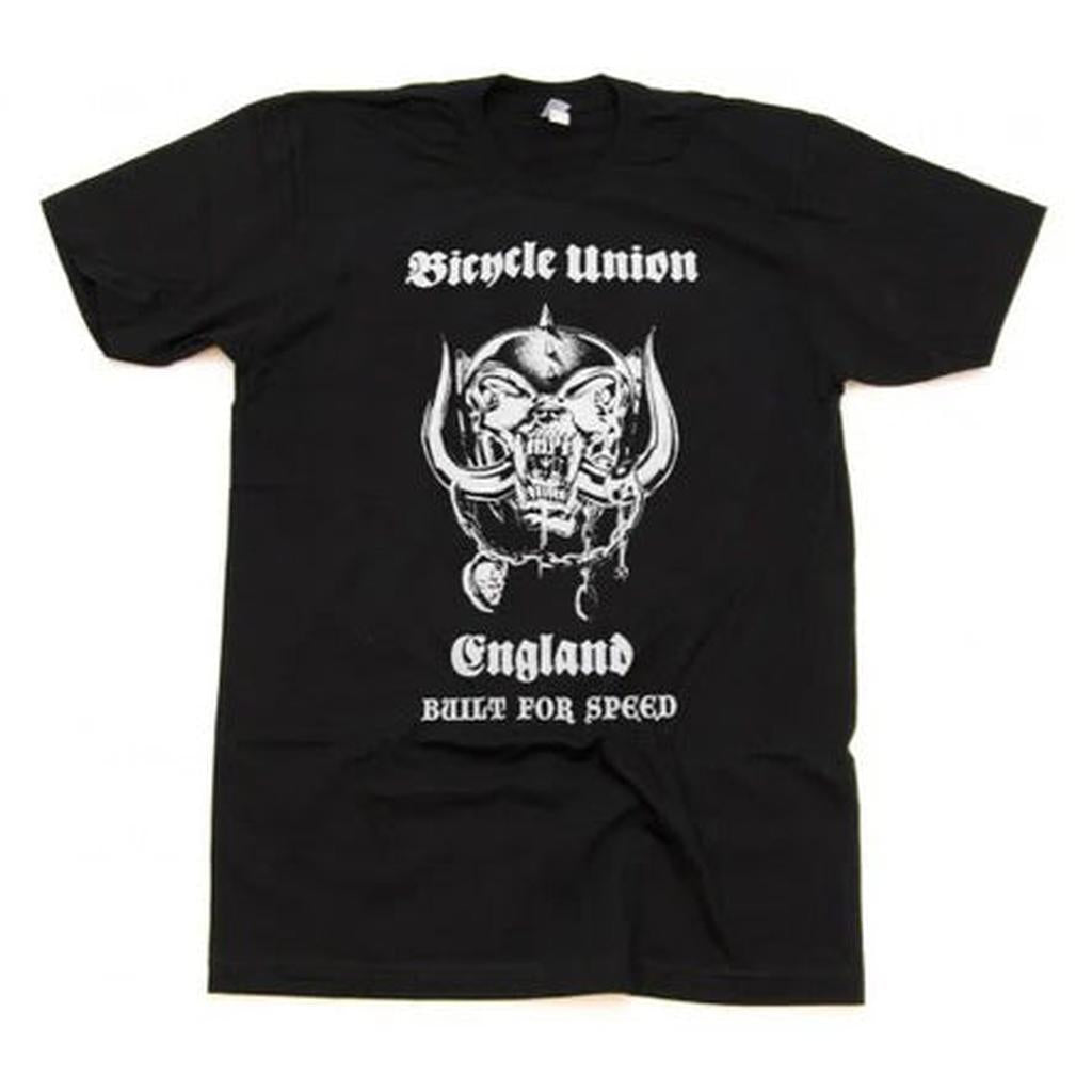 The Bicycle Union Built for Speed T-shirt is a black tee with a horned skull graphic and “Bicycle Union England Built for Speed” in white gothic font—a true Motorhead-inspired design.