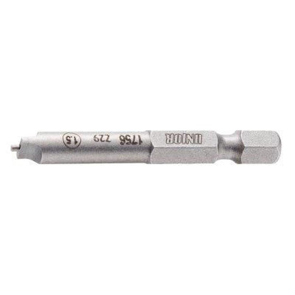 Close-up of the metallic Unior Nipple Drill Bit (1.5mm) with engraved numbers and markings, featuring a hexagonal and cylindrical shape. Quality guaranteed, this tool is crafted with precision like a professional bicycle tool.