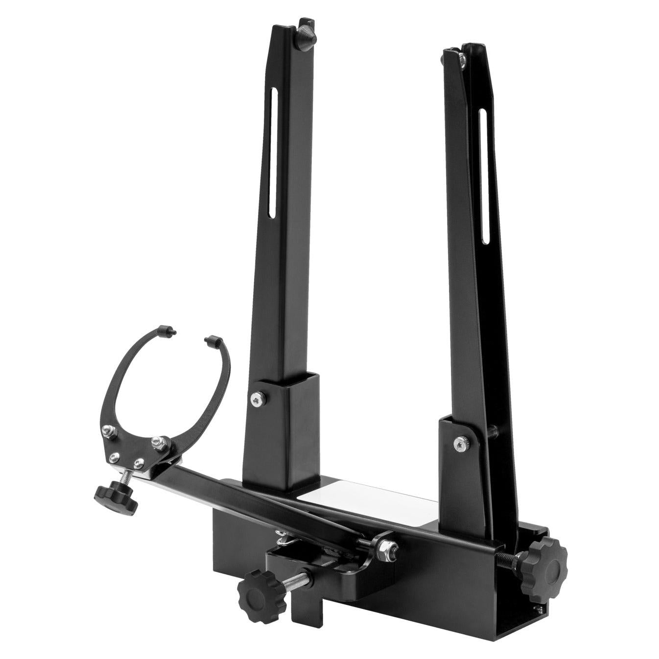The Unior Professional Wheel Truing Stand is a black stand with precision adjustable arms and knobs for aligning and balancing bike wheels; it includes thru-axle adapters for enhanced versatility.
