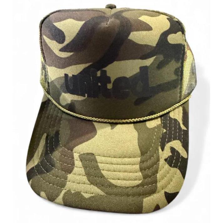 The United Coastin Trucker Hat features a camouflage print, mesh back, and "united" boldly printed in black on the front.