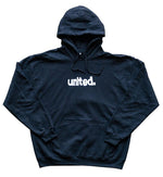 The United Coastin Hooded Sweat is a black sweatshirt from the COASTIN release, featuring "united." in white lowercase letters on the front—a signature piece from United clothing.