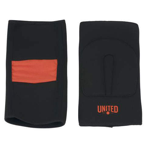 Two black United Signature Knee Pads with an orange stripe and the word "united" printed on the lower right side, featuring neoprene construction.