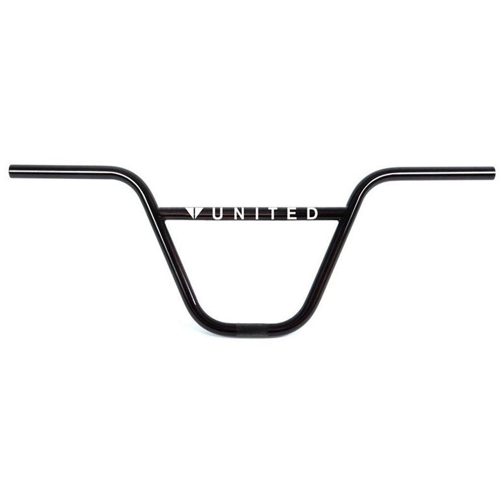 Black United Supreme Bars bmx handlebar with the word "united" printed in the center, isolated on a white background.