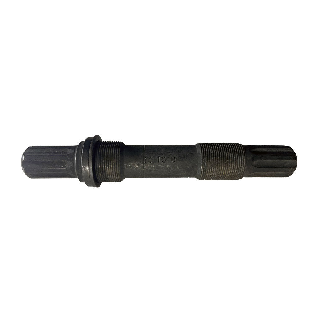 Close-up of a black metal Salt Unsealed Crank Spindle with threaded ends, a central cylindrical section, and designed to fit 19mm Loose Ball Crank setups.