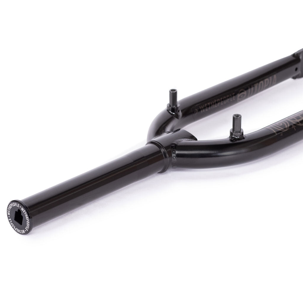 Close-up of the Utopia Zero (With Mounts) Flatland Fork in sleek black, showcasing a CNC'd straight steerer tube and two precise brake mounts on each side.
