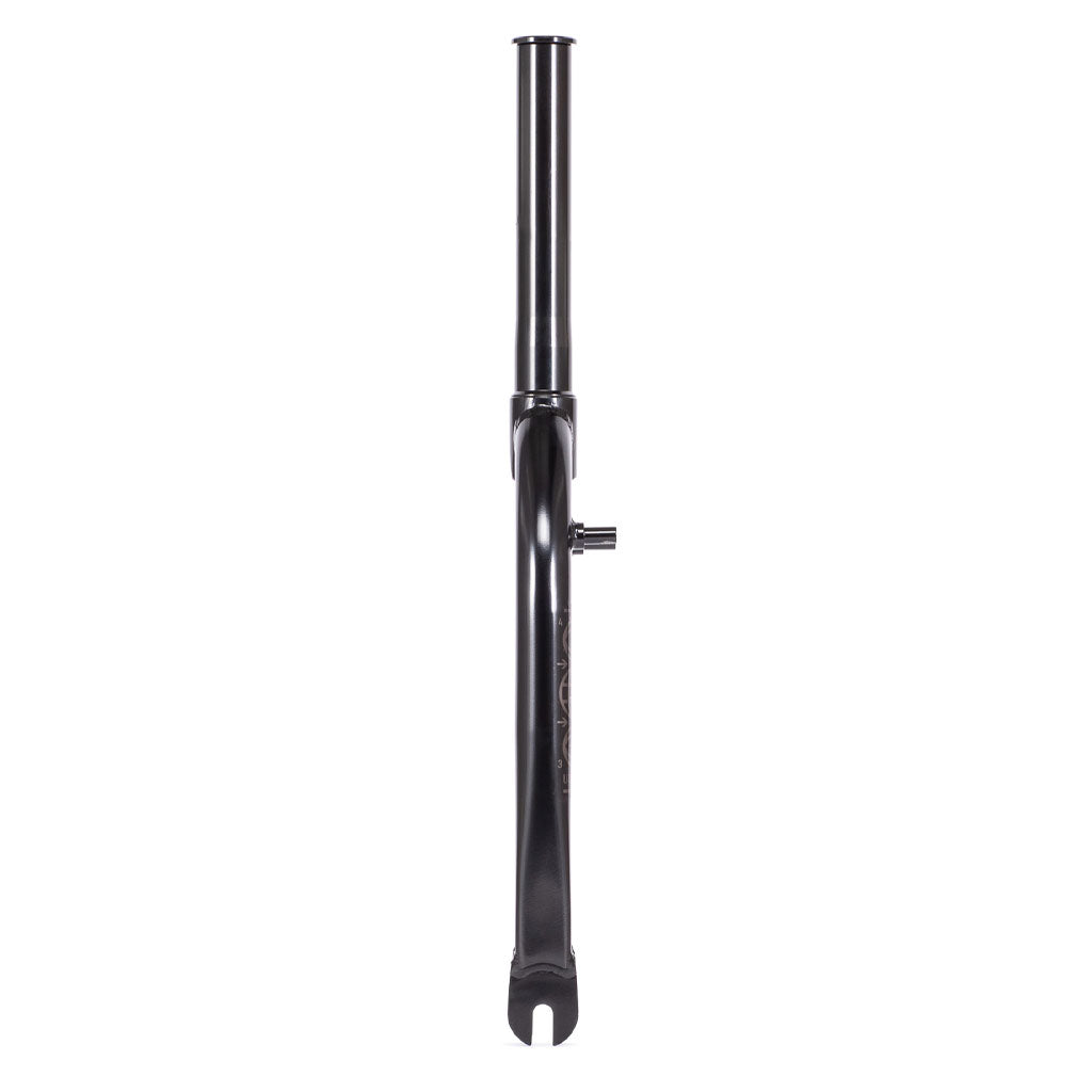 The Utopia Zero (With Mounts) Flatland Fork is a black fork with zero offset, featuring a minimalist design with triple butted blades and a CNC'd steerer, shown from the front on a white background.