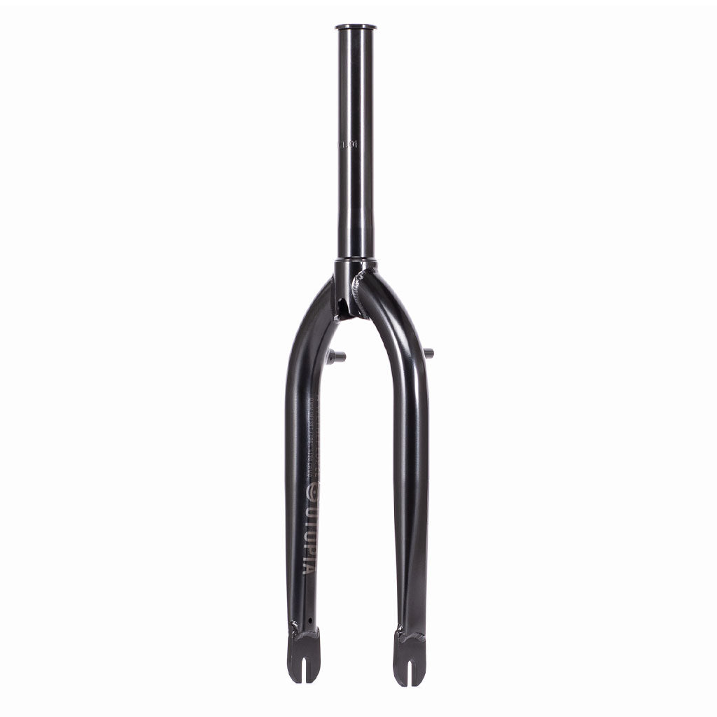 The Utopia Zero (With Mounts) Flatland Fork, in black, boasts a CNC’d steerer and triple butted fork blades for precision and durability, with dropout ends for easy wheel attachment. It's perfect for riders seeking toughness and simplicity.