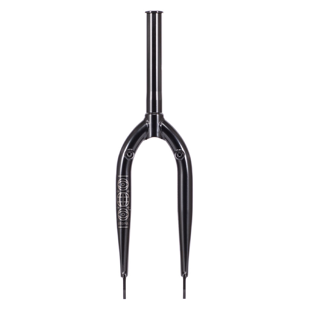 The Utopia Zero (With Mounts) Flatland Fork comes in black with a CNC'd steerer, curved blades, and a geometric design on one side. Triple butted fork blades enhance durability, making it ideal for flatland adventures without sacrificing style or performance.