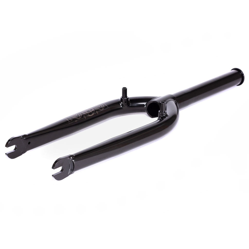 The Utopia Zero (With Mounts) Flatland Fork is a black, metal BMX fork featuring triple butted fork blades, a CNC'd steerer, tapered legs, and a zero-offset design for secure front wheel and handlebar attachment.