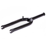 The Utopia Zero (With Mounts) Flatland Fork is a black, metal BMX fork featuring triple butted fork blades, a CNC'd steerer, tapered legs, and a zero-offset design for secure front wheel and handlebar attachment.