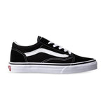 The Vans Kids Old Skool Black/White skate shoe features white laces, white stitching, and a white rubber sole—ideal for kids' everyday style.