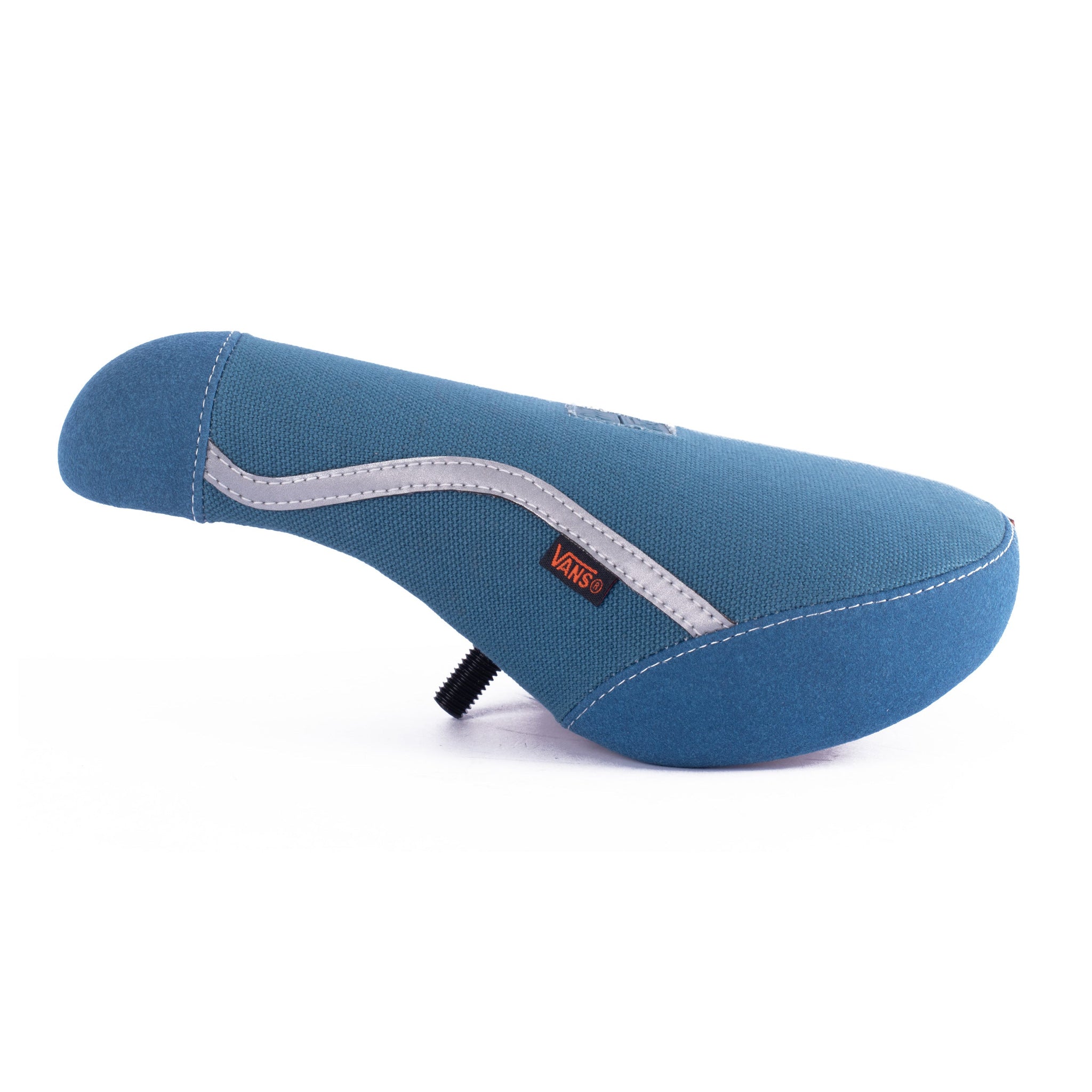 The Cult Vans Pivotal Seat in blue and white features a silver stripe and an orange tag, shown on a white background.